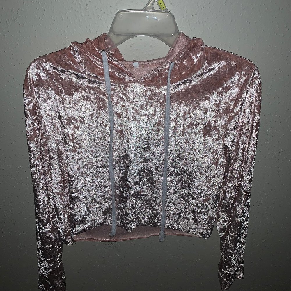 Light pink velvet cropped hoodie